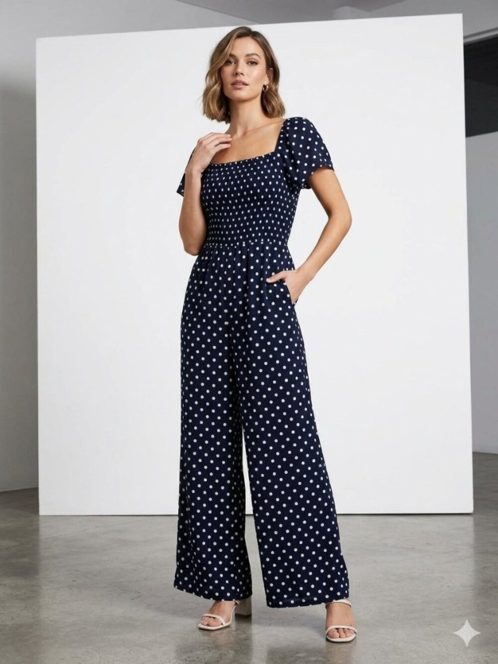 Tommy Hilfiger flutter sleeve polka dot navy & white jumpsuit, size XS